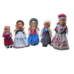 5 Vtg European Traditionally Clothed Plastic Dolls Blinking Sleepy Eyes Folk Art